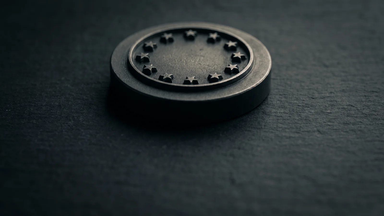 Dunkle metallene Prägescheibe mit einem Ring aus zwölf Sternen auf schwarzem Untergrund – Verweis auf EU-Recht und amtliche Kennzeichnung